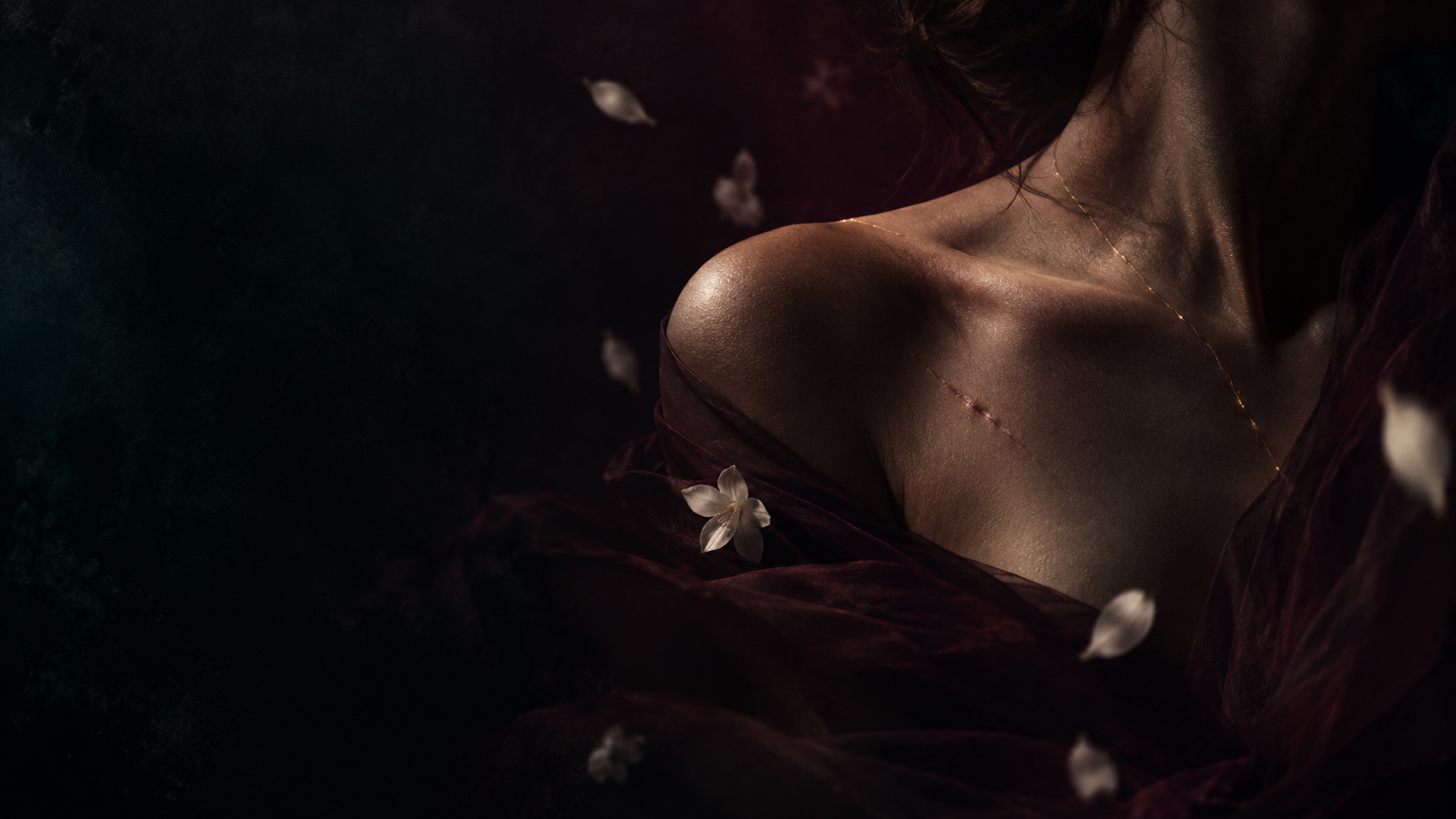 An anonymous woman’s shoulder in deep plum shadows